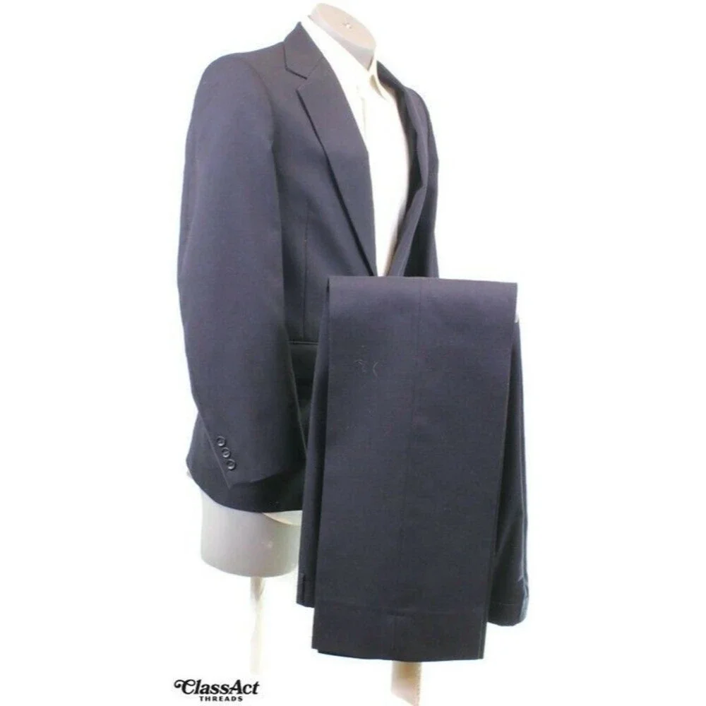 VTG American Trend Mens Solid Blue 2 Btn Wol Blend 40R Flat Fronts 34